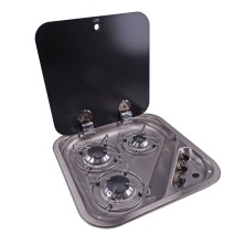 Cuisinière à gaz 3 feux – couvercle en verre noir – vue de dessus sur fond blanc.
