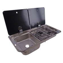 Vue de face – combinaison cuisinière-évier avec 2 flammes, couvercle en verre, évier à gauche, finition argentée et noire.