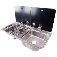 Vue de face – combinaison cuisinière-évier avec 2 flammes, couvercle en verre, évier à droite, finition argent et noir.