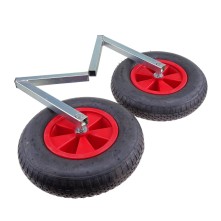 Zentrierhilfe – Draufsicht mit abgewinkelten Halterungen und roten Radspeichen, ausgestattet mit Luftreifen 4.00 x 8.