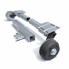 Flexi-Achse – Frontansicht mit verstellbarem Auflagemaß von 1200mm bis 1900mm und gebremster Gummifederachse in Grau.