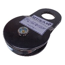 Umlenkrolle Snatch Block 8t – Draufsicht auf schwarze Rolle mit silbernem HUSAR-Logo und einem Montageloch.