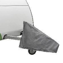 Deichselschutzhaube grau – Seitenansicht mit dreieckiger Form, befestigt an der Anhängerkupplung.