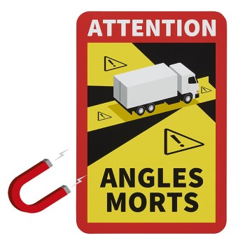 Autocollant magnétique Attention Angles Morts ! – fond blanc avec texte rouge et jaune, conçu pour les poids lourds.