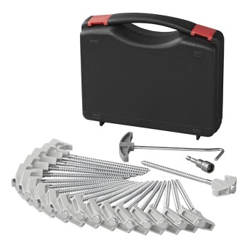 Tent peg set – top view showing metal screws, plastic hooks, and a black carrying case on a plain white background.