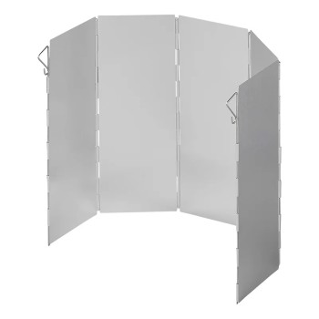 Frontvy av vindskydd för matlagning – hopfällbar aluminium i silver, perfekt för camping och gasbrännare.