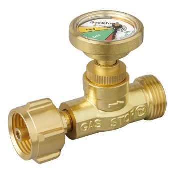 GasStop emergency stop fitting – front view showing gold valve, green pressure gauge, and adjustable knob.