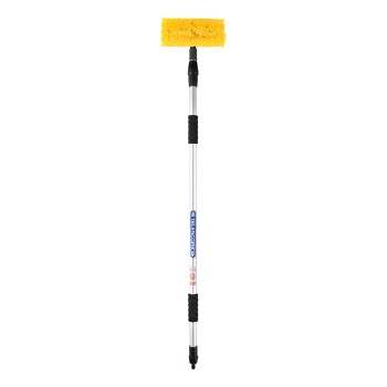 Brosse de lavage télescopique pour voiture – tête de brosse robuste et poignée en caoutchouc, couleur jaune et argent.