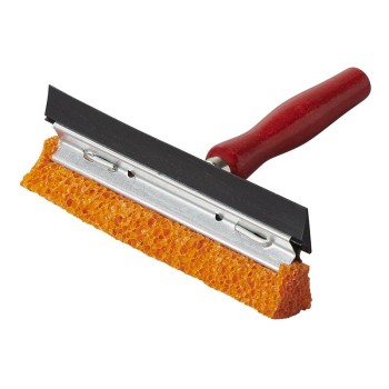 Car windscreen washer – front view with a wooden handle and a sponge head in red and orange colors.