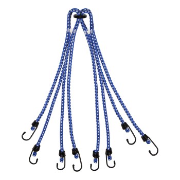 Luggage clamp 8-arm – front view showing blue and white bungee cord with metal hooks at each end.