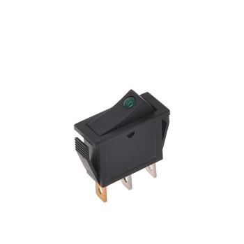 Wippschalter LED grün 12V / 24V max 10A – Frontansicht mit grünem LED-Indikator und schwarzem Gehäuse.