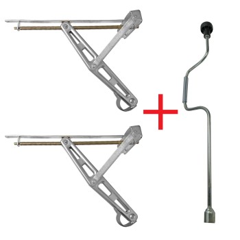 Vooraanzicht van de caravan slingersteun – zilver met zwarte handgreep en verstelbare steun voor stabiliteit.