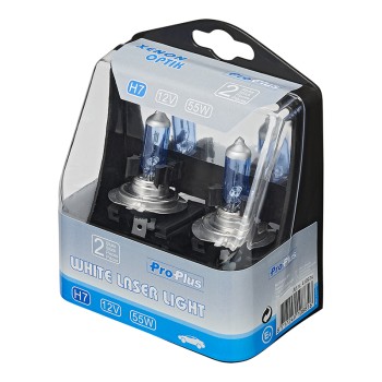 Vue de face – deux ampoules blanches laser H7 12V 55W dans une boîte en plastique, marque ProPlus.
