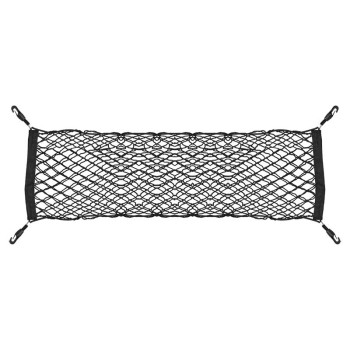 Ovenfra – sort net til bagagerummet med fire kroge og gummirem, pakket i lynlåspose.
