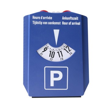 Disque de stationnement bleu et blanc – indication de l'heure d'arrivée en plusieurs langues – vue de face sur fond blanc.