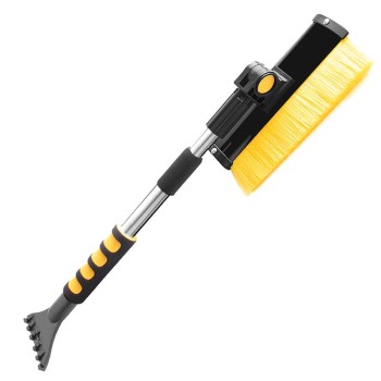 Brosse à neige – racleur en caoutchouc et grattoir à glace – manche télescopique, vue de côté, couleurs jaune et noir.