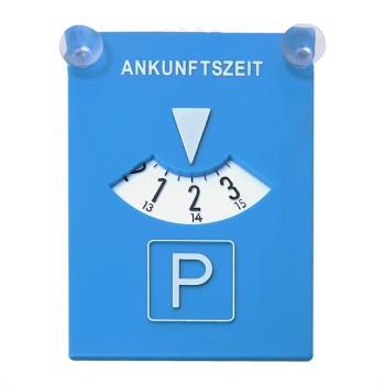 Vooraanzicht van een blauwe parkeerschijf met zuignaphouder – tijdsaanduiding en parkeersymbool op witte achtergrond.