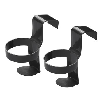 Set of 2 cup holders for the car – front view showing black plastic design with stable base and hook feature.
