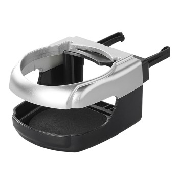 Voor aanzicht van de auto bekerhouder voor ventilatierooster – zilver en zwart met verstelbare clips en afneembare basis.