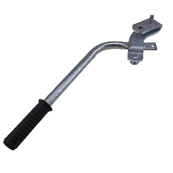Handbrake lever – side view showing rubber grip, curved lever, and mounting bracket in silver and black.