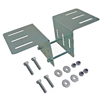 Universal drawbar box mounting kit – front view showing two slotted brackets and included fasteners in galvanized steel.