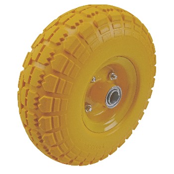 PU spare wheel – angled view showing yellow PU foam filling and steel rim with tread pattern.