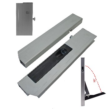 Bordwandverschluss 350mm links – Frontansicht mit schwarzem Handgriff und Pilzzapfen Verriegelung.
