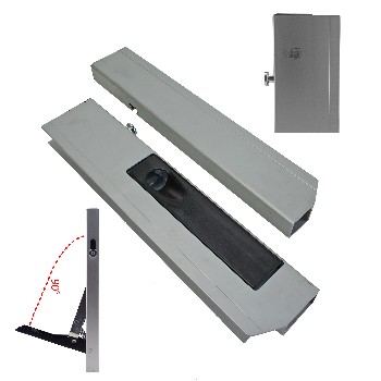 Dropside lock 400mm right – front view showing gray mushroom pin locking and black powder-coated steel handle.