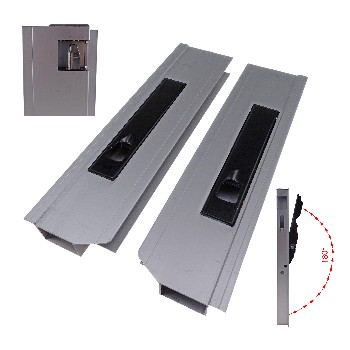 Set of 2 aluminium drop side locks – front view showing black powder-coated steel handles and gray anodised aluminium.