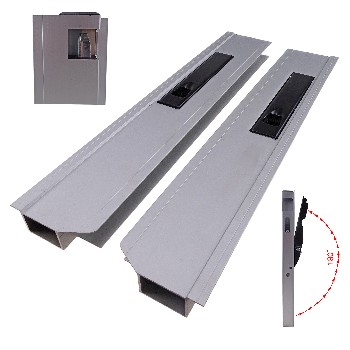 Set of 2 aluminium drop side locks – front view showing black powder-coated steel handle and silver anodised finish.
