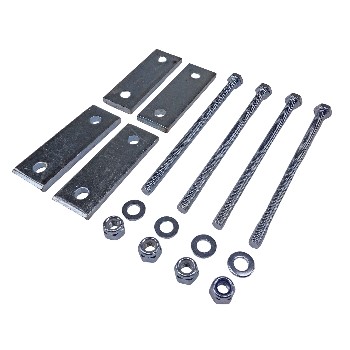 Universal drawbar box mounting kit M8 – top view showing galvanized steel plates, hex bolts, and washers in silver and black.
