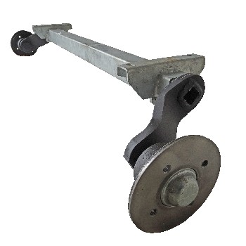 Trailer axle – angled view showing gray galvanized finish and 4x100 bolt pattern with low mount design.
