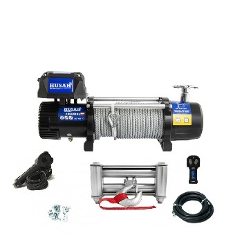 Verricello elettrico HUSAR 12V – vista frontale con finitura nera e argento, capacità di 10000 lbs.