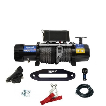 Verricello elettrico HUSAR 12V – vista frontale con fune sintetica blu e capacità di 12000 lbs su sfondo bianco.