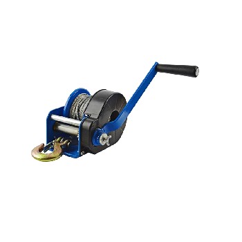 Treuil manuel BST RS 1000 – vue de face avec câble en acier de 10 m et levier de traction noir et bleu.