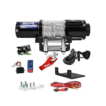 Elektrisk 12V spil BST S 5500 – sort og sølv med 5500 lbs trækkraft og fjernbetjening, set forfra.