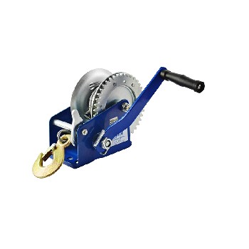 Verricello manuale BST R 1200 – vista laterale con cavo in acciaio blu da 10 m e manovella in posizione alta.