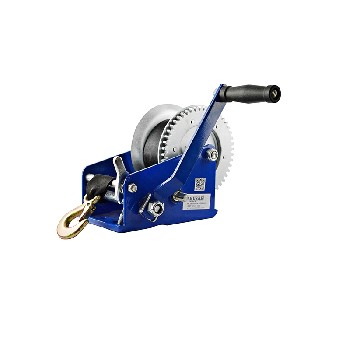 Hand Winch BST R2500 lbs – front view showing blue and silver colors, 2-speed gear, and 10m strap.