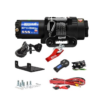 Verricello elettrico HUSAR BST S 4500 lbs – vista frontale con cavo sintetico e colori nero e rosso.