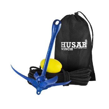 HUSAR Bootsanker klappbar 2,5kg – Frontansicht mit blauer und gelber Leine, kompakt und faltbar.
