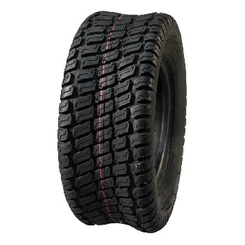 Sivusta näkyvä Carlisle Turf Master 16x7.50-8 rengas – musta, punainen raita ja hyvä nurmipidon kuviointi.