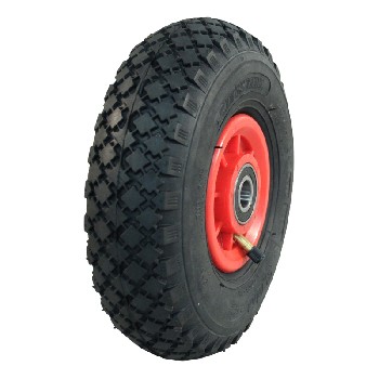 Wheel 3.00-4 NaRubb S-2303 – side view showing red hub, black pneumatic tyre, and tread pattern.