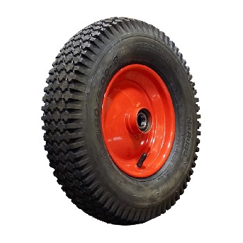 Sidan av NaRubb S-2202 hjul – svart däck med S-2202 mönster och orange stålfälg.