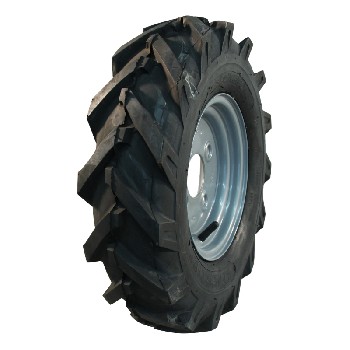 Zij aanzicht van het complete wiel 4.80/4.00-8 KINGS TIRE V-8501 – zwarte band met metalen velg en profiel voor tractie.