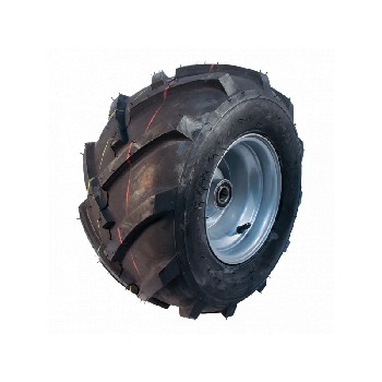 Schuin aanzicht van het DURO HF-255 wiel – zwarte band met profiel voor grip en grijze stalen velg.