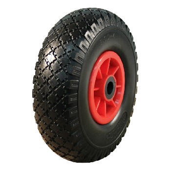 Ruota PU 3.00x4 tassellato Novio – vista angolata con pneumatico nero e mozzo rosso.