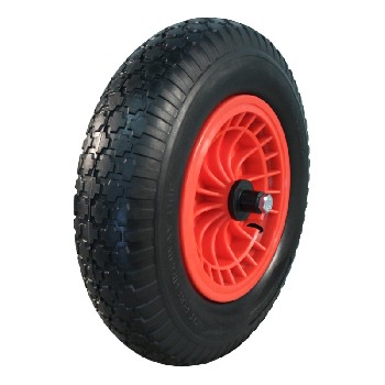 PU Tyre + Wheel 4.00x8 – side view showing red wheel hub and black PU tire with block tread pattern.