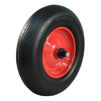 Roue en acier rouge avec pneu PU 4.00x8 – surface rainurée et fond blanc.