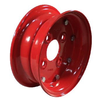 Rød stålfælg 3.00D-8 – 2-delt design med 4 bolt huller og centeråbning set fra vinkel.