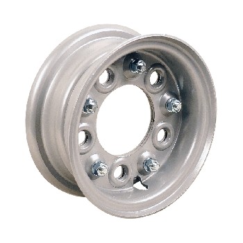 Cerchio in acciaio 3.00D-8 grigio – design a 2 pezzi con 5 fori per bulloni e foro centrale su sfondo bianco.